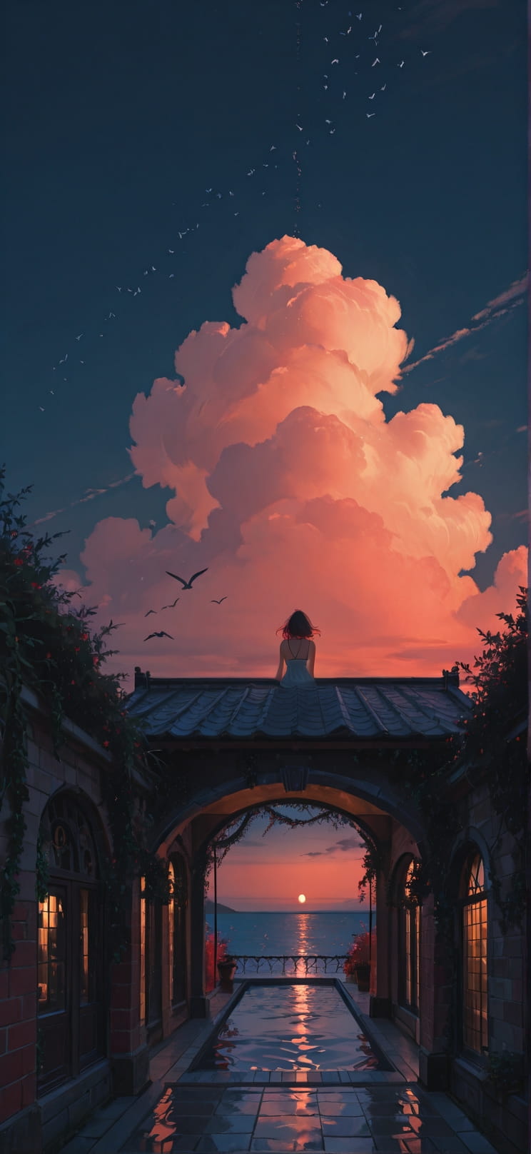 Fresco Red Night Sea Summer Animal mobile wallpaper / スマホ壁紙