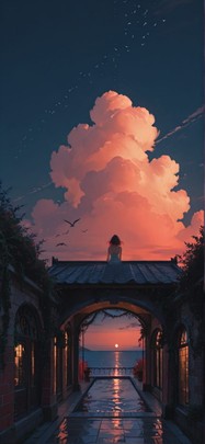 Fresco Red Night Sea Summer Animal mobile wallpaper / スマホ壁紙