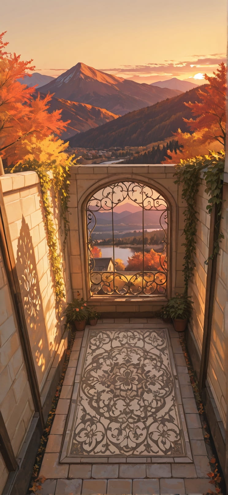 Fresco Yellow Sunset Mountain Autumn mobile wallpaper / スマホ壁紙