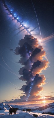 Galaxy Yellow Sunset Mountain Winter Animal mobile wallpaper / スマホ壁紙