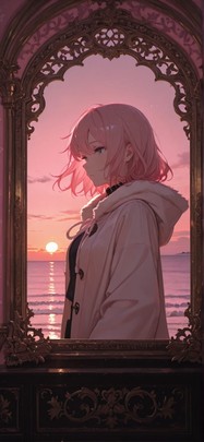 Gilded Pink Sunset Sea Winter mobile wallpaper / スマホ壁紙
