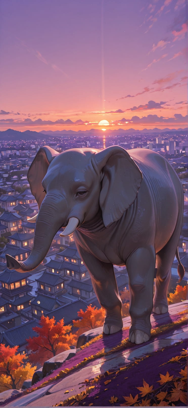 Gilded Purple Sunset City Autumn Animal mobile wallpaper / スマホ壁紙