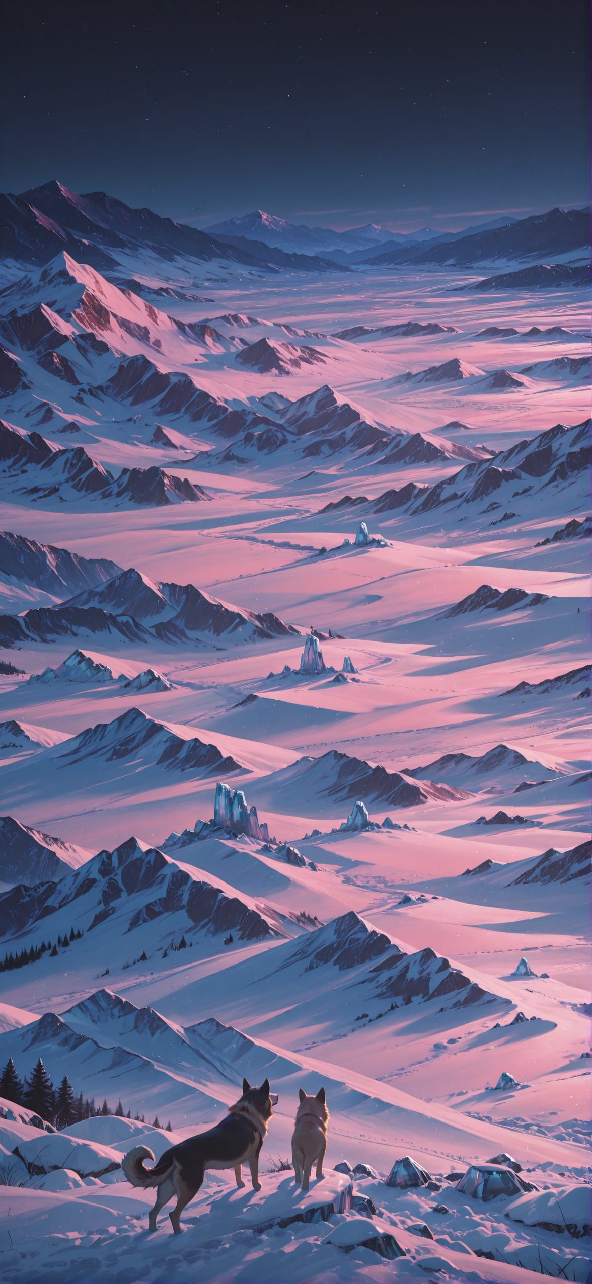Glacier Pink Night Mountain Spring Animal mobile wallpaper / スマホ壁紙