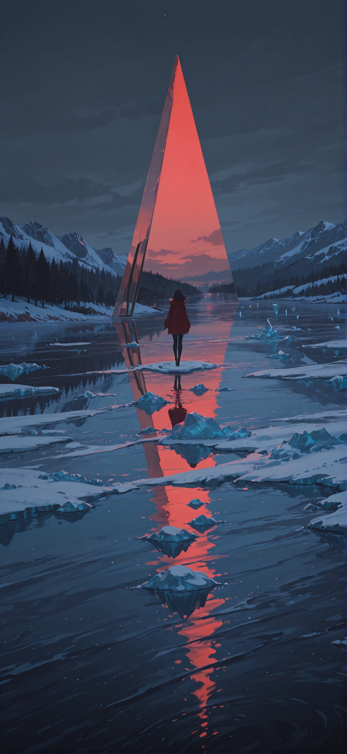 Glacier Red Night Sea Winter mobile wallpaper / スマホ壁紙