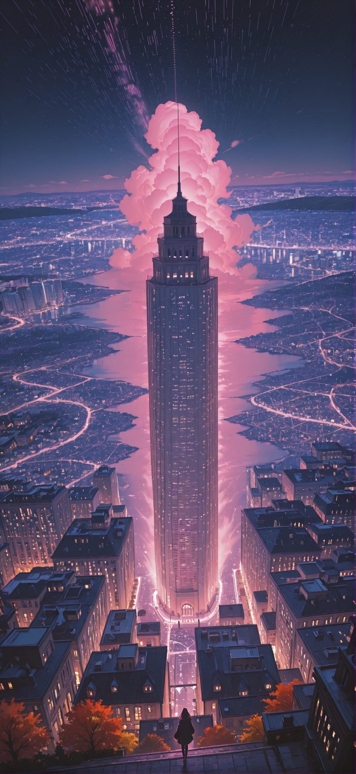 Glitchyglam Pink Night City Autumn mobile wallpaper / スマホ壁紙