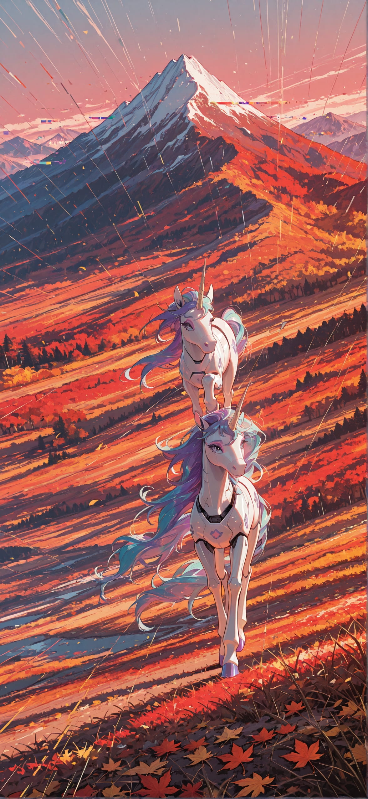 Glitchyglam Red Afternoon Mountain Autumn Animal Machine mobile wallpaper / スマホ壁紙