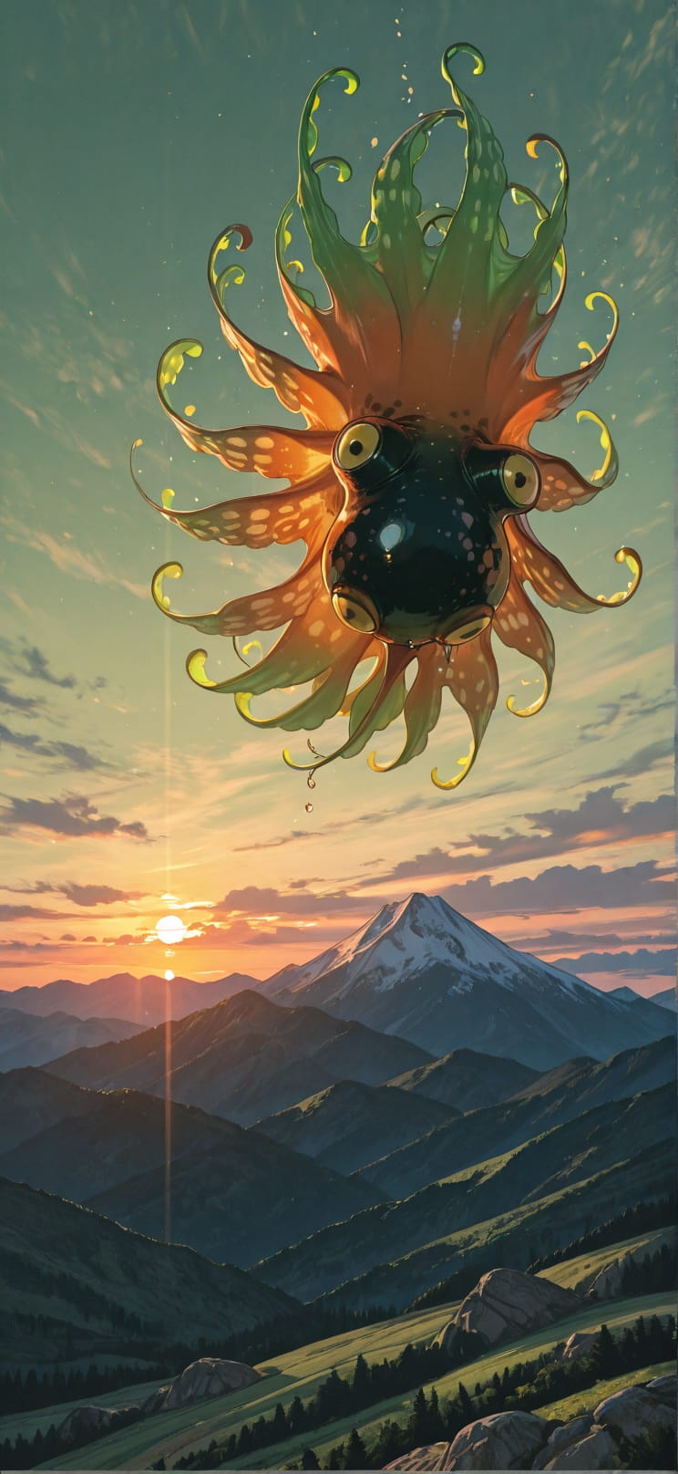 Granite Green Sunset Mountain Spring Animal mobile wallpaper / スマホ壁紙