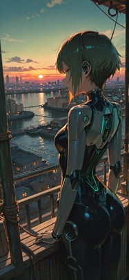 Harbor Green Sunset City Summer Animal Machine mobile wallpaper / スマホ壁紙