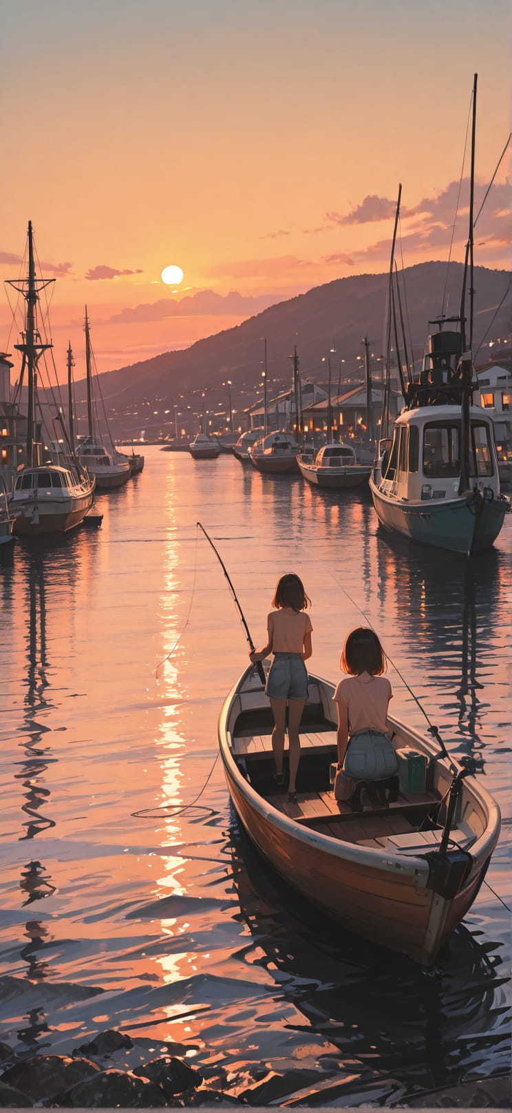 Harbor Orange Afternoon Sea Summer Machine mobile wallpaper / スマホ壁紙