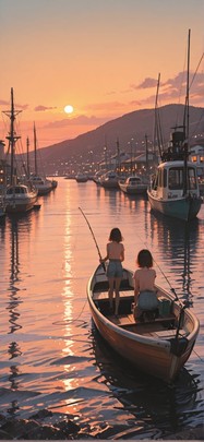 Harbor Orange Afternoon Sea Summer Machine mobile wallpaper / スマホ壁紙