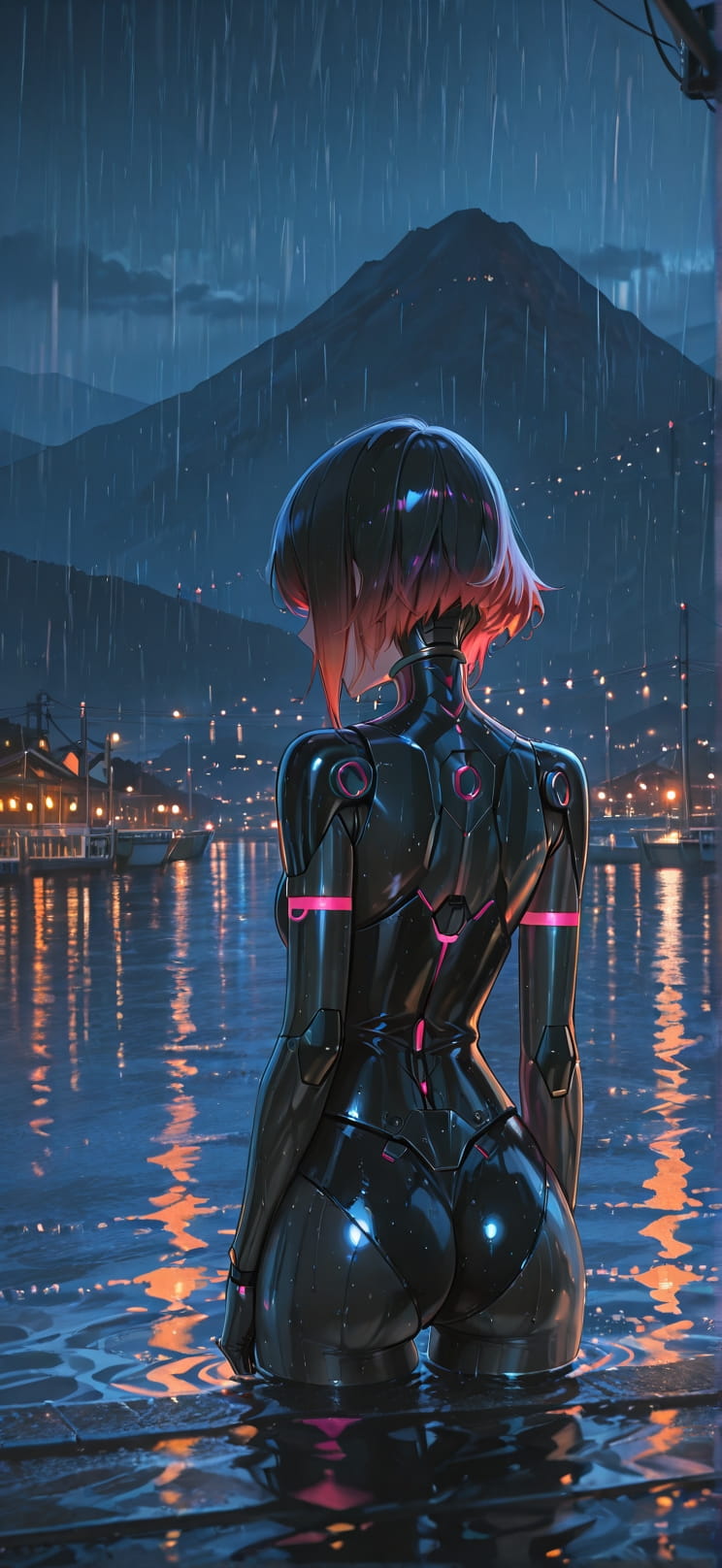 Harbor Orange Night Mountain Spring Machine mobile wallpaper / スマホ壁紙