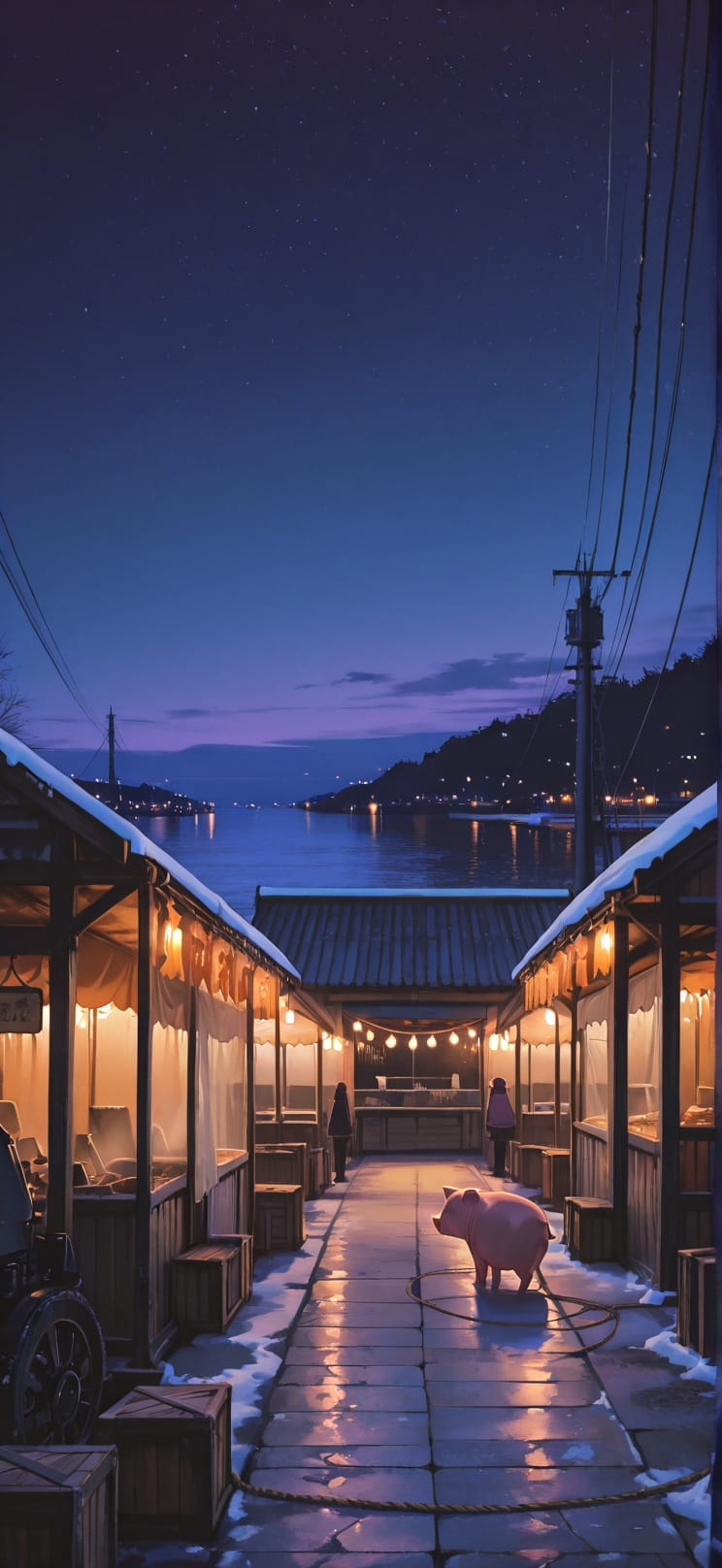 Harbor Purple Night Sky Winter Animal Machine mobile wallpaper / スマホ壁紙