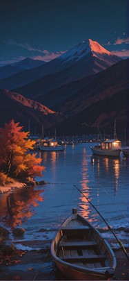 Harbor Red Night Mountain Autumn mobile wallpaper / スマホ壁紙