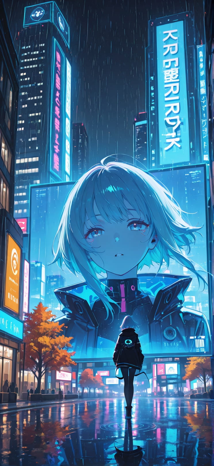 Hologram Blue Night City Autumn mobile wallpaper / スマホ壁紙