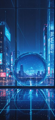 Hologram Blue Night City Winter mobile wallpaper / スマホ壁紙