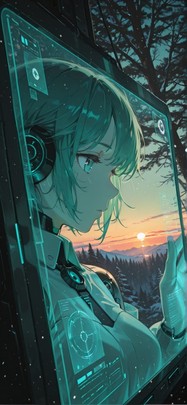 Hologram Green Sunset Nature Winter Machine mobile wallpaper / スマホ壁紙