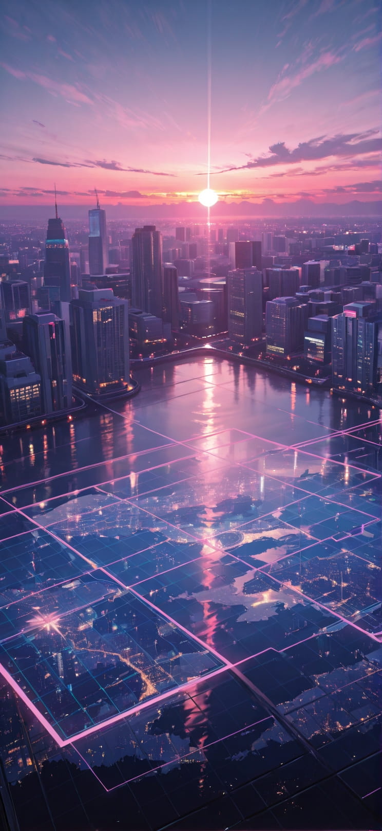 Hologram Pink Sunset City Spring mobile wallpaper / スマホ壁紙
