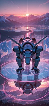 Hologram Pink Sunset Mountain Winter Animal Machine mobile wallpaper / スマホ壁紙