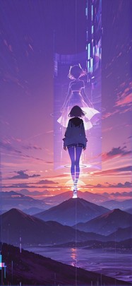 Hologram Purple Sunset Mountain Summer mobile wallpaper / スマホ壁紙