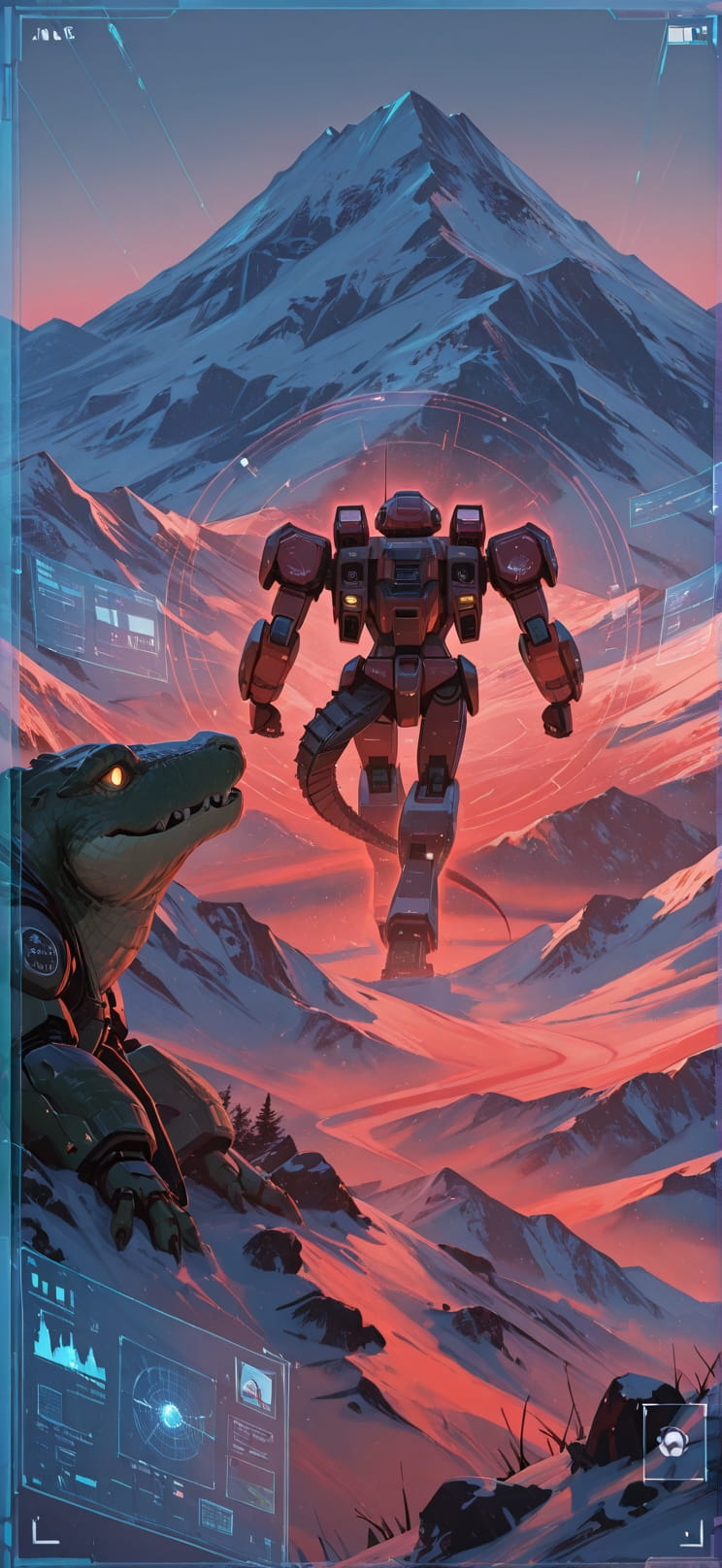 Hologram Red Afternoon Mountain Winter Animal Machine mobile wallpaper / スマホ壁紙