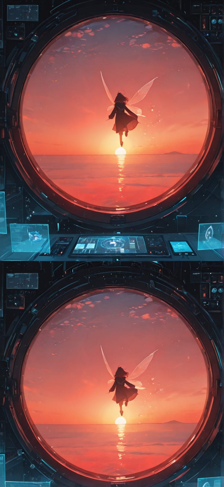 Hologram Red Sunset Sea Winter Animal Machine mobile wallpaper / スマホ壁紙