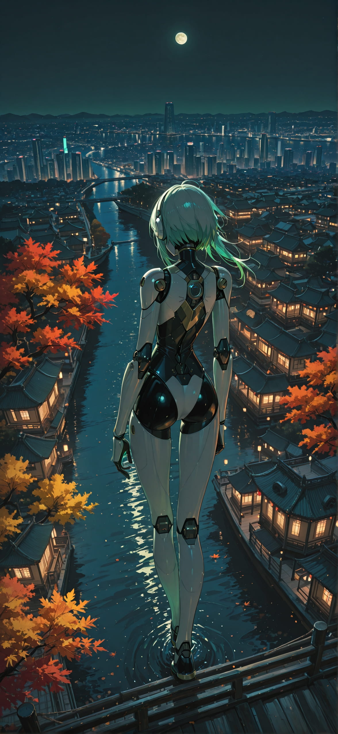 Hormuz Green Night City Autumn Machine mobile wallpaper / スマホ壁紙