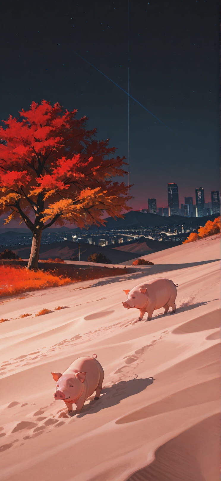Ivory Red Night City Autumn Animal mobile wallpaper / スマホ壁紙