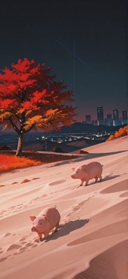Ivory Red Night City Autumn Animal mobile wallpaper / スマホ壁紙