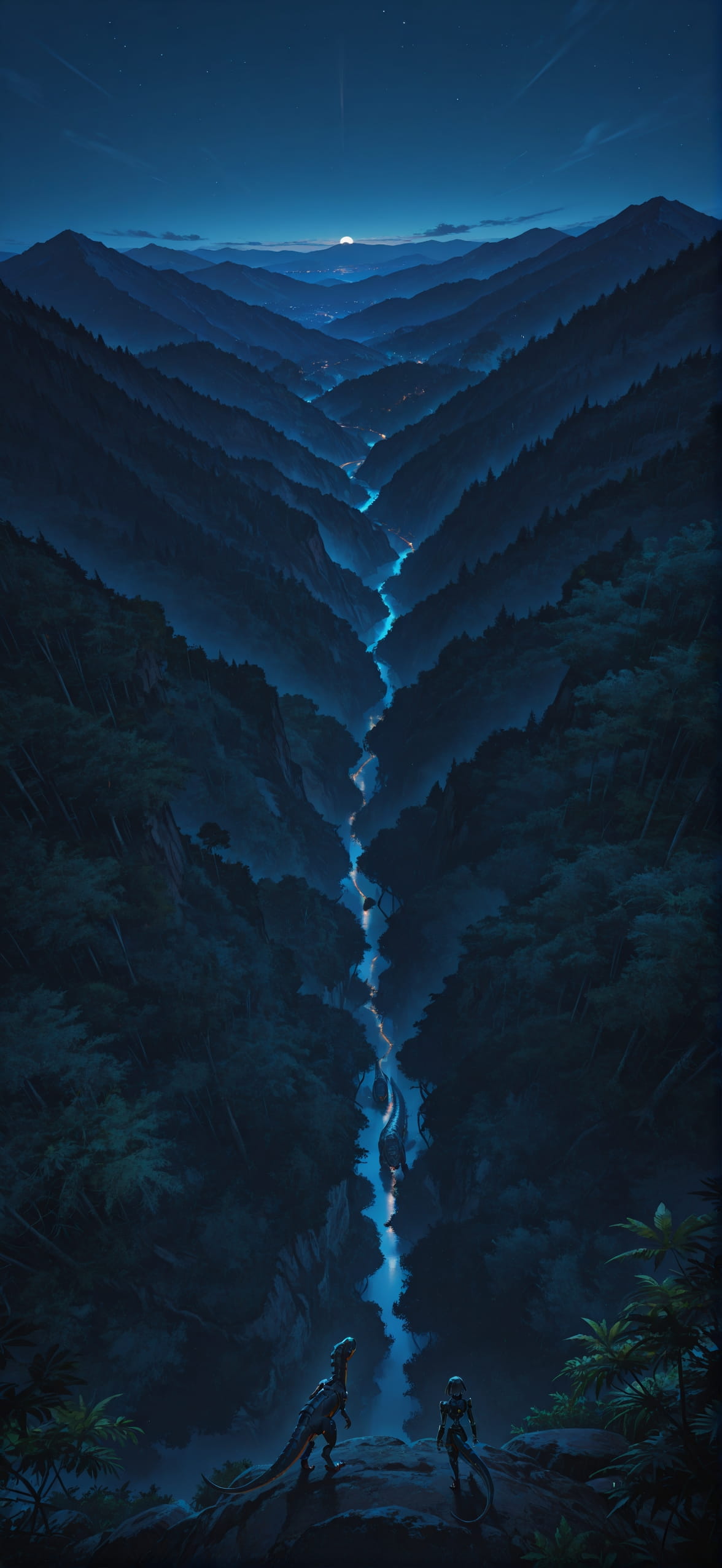 Jungle Blue Night Mountain Spring Animal Machine mobile wallpaper / スマホ壁紙