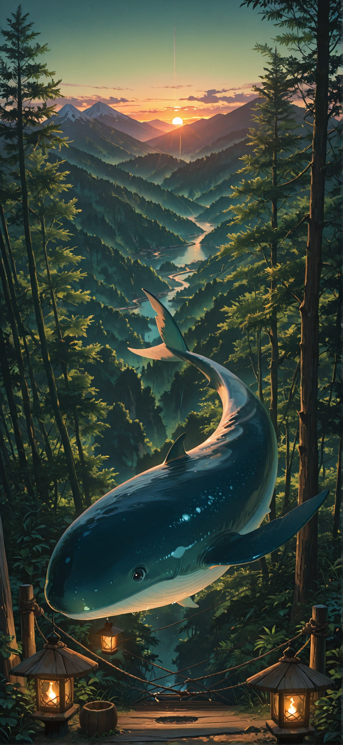 Jungle Green Sunset Mountain Spring Animal mobile wallpaper / スマホ壁紙