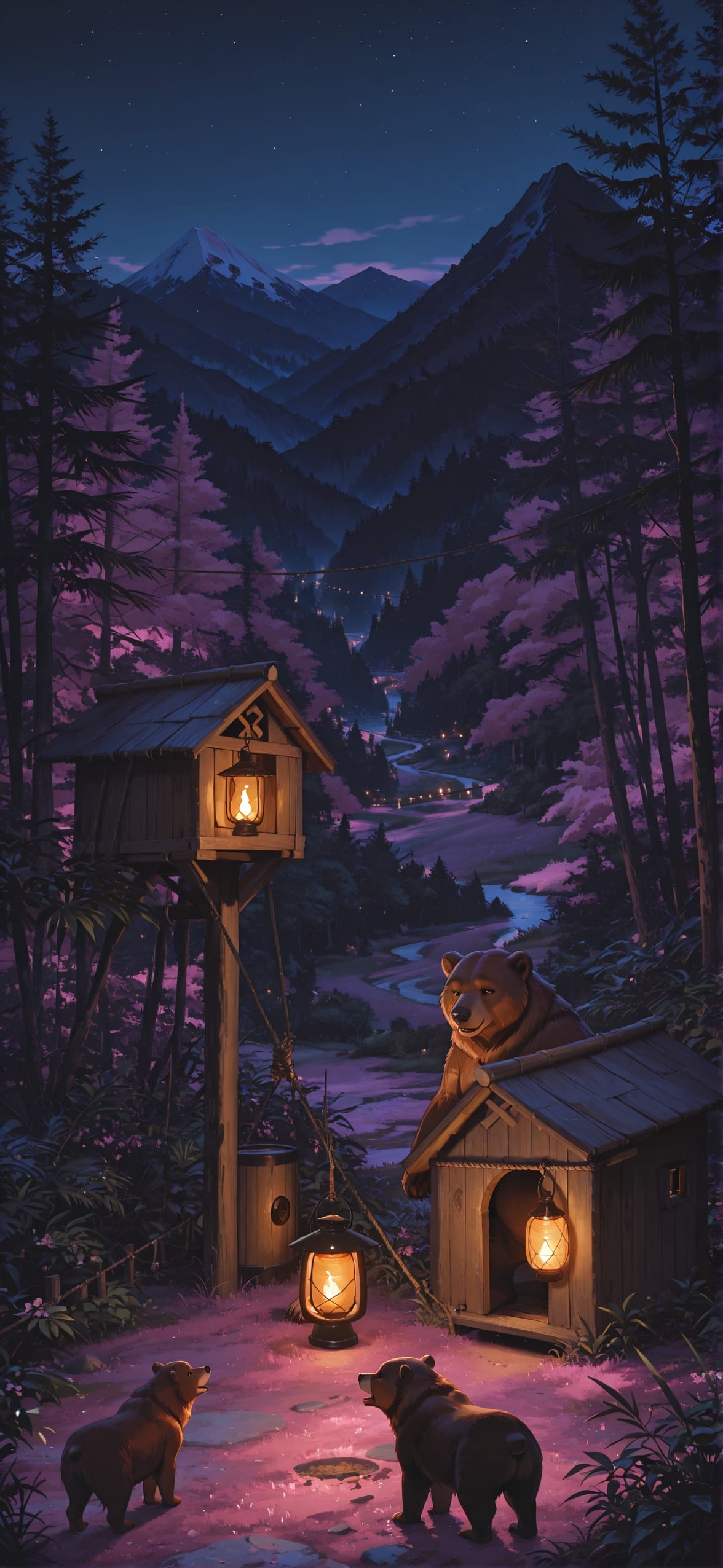 Jungle Pink Night Mountain Spring Animal mobile wallpaper / スマホ壁紙