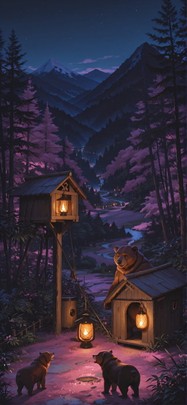 Jungle Pink Night Mountain Spring Animal mobile wallpaper / スマホ壁紙