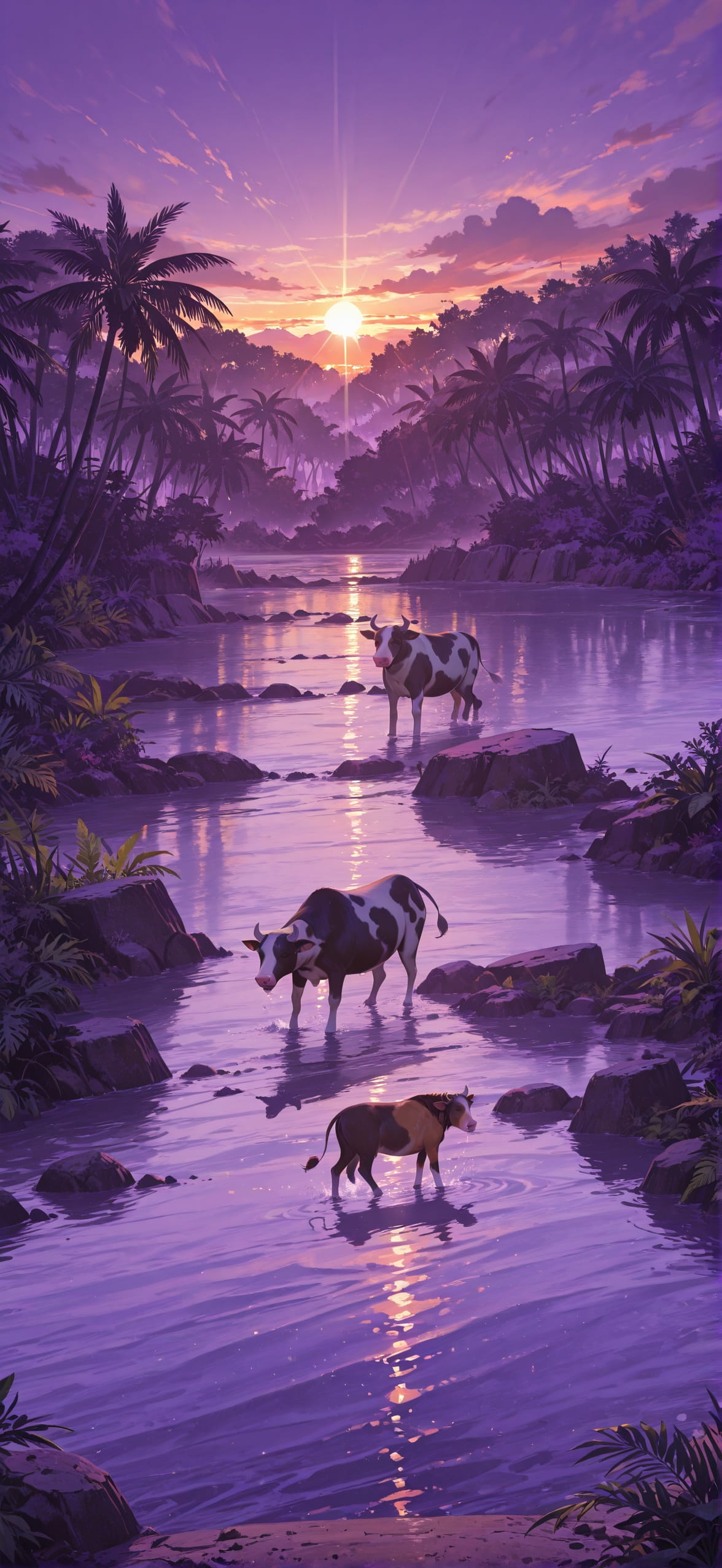 Jungle Purple Sunset Sea Summer Animal mobile wallpaper / スマホ壁紙