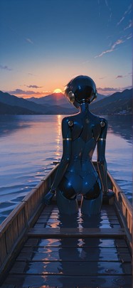 Lagoon Blue Sunset Mountain Summer Machine mobile wallpaper / スマホ壁紙