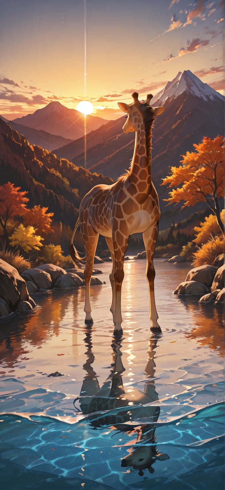 Lagoon Brown Sunset Mountain Autumn Animal mobile wallpaper / スマホ壁紙