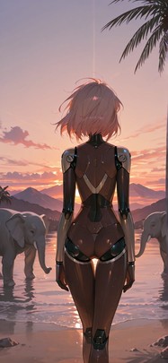 Lagoon Brown Sunset Mountain Summer Animal Machine mobile wallpaper / スマホ壁紙