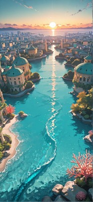 Lagoon Green Sunset City Spring mobile wallpaper / スマホ壁紙