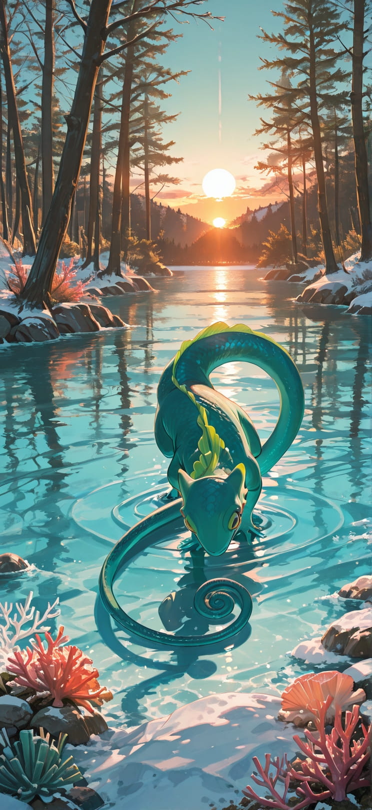 Lagoon Green Sunset Nature Winter Animal mobile wallpaper / スマホ壁紙