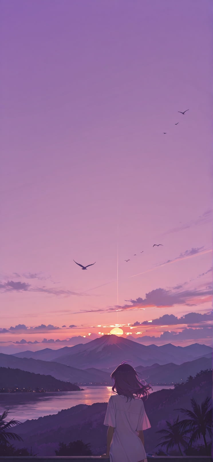 Lagoon Purple Sunset Mountain Summer Animal mobile wallpaper / スマホ壁紙