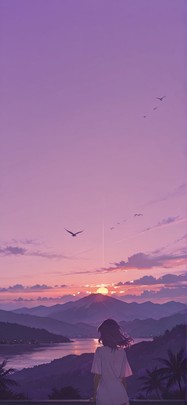 Lagoon Purple Sunset Mountain Summer Animal mobile wallpaper / スマホ壁紙