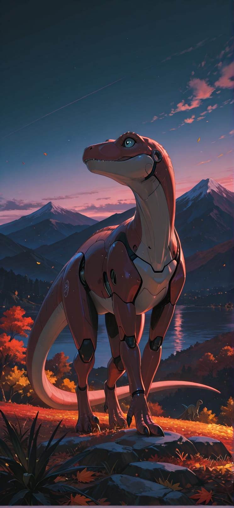 Lagoon Red Night Mountain Autumn Animal Machine mobile wallpaper / スマホ壁紙