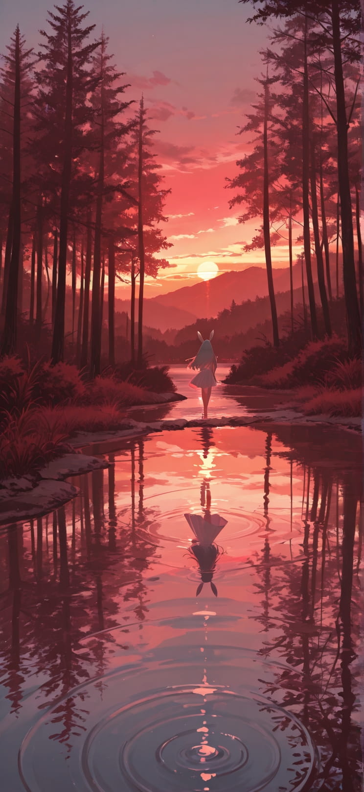Lagoon Red Sunset Nature Summer Animal mobile wallpaper / スマホ壁紙