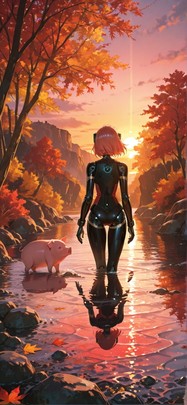 Lagoon Red Sunset Sea Autumn Animal Machine mobile wallpaper / スマホ壁紙