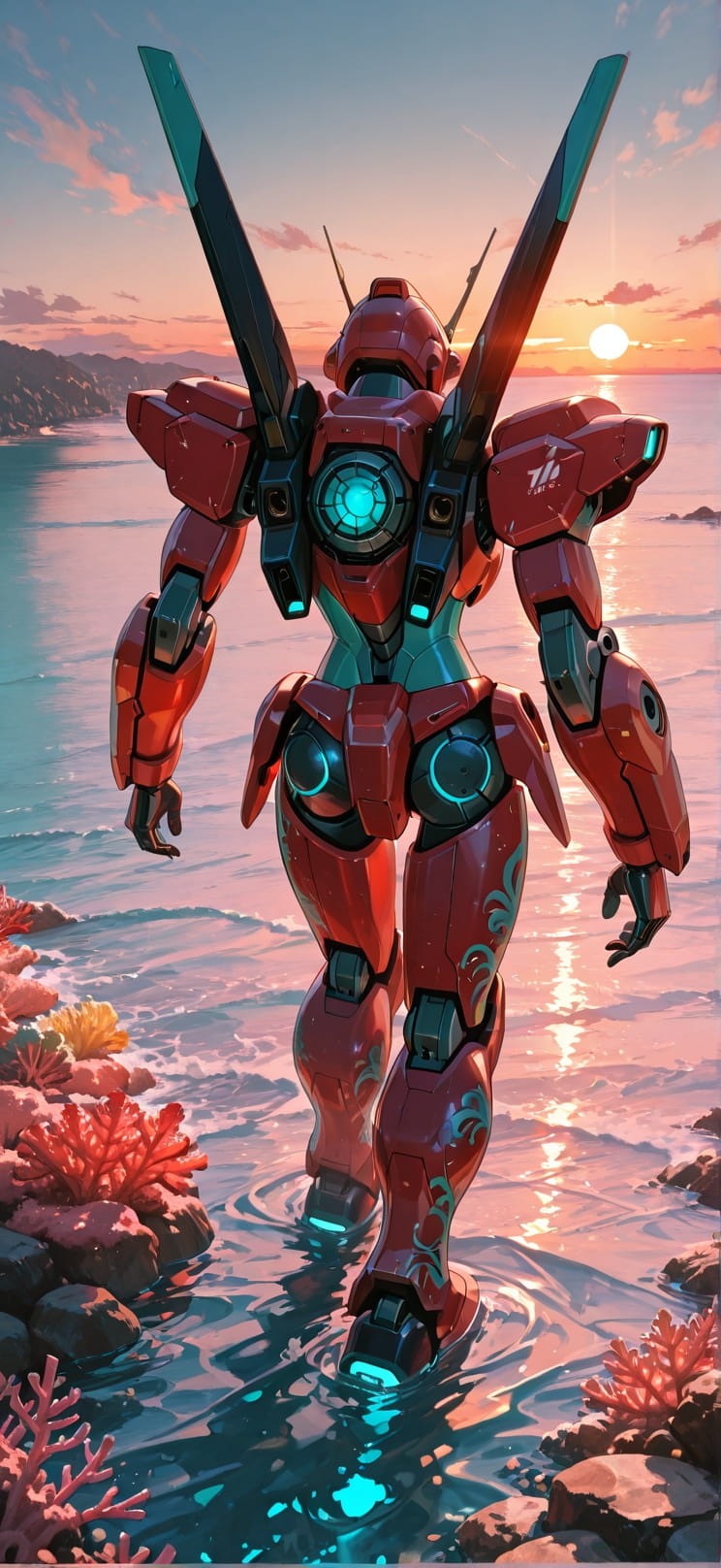 Lagoon Red Sunset Sea Summer Machine mobile wallpaper / スマホ壁紙