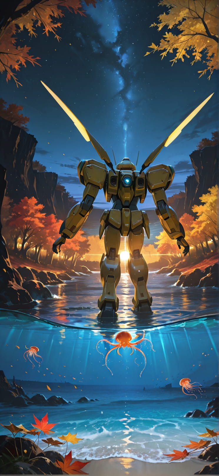 Lagoon Yellow Night Sea Autumn Animal Machine mobile wallpaper / スマホ壁紙