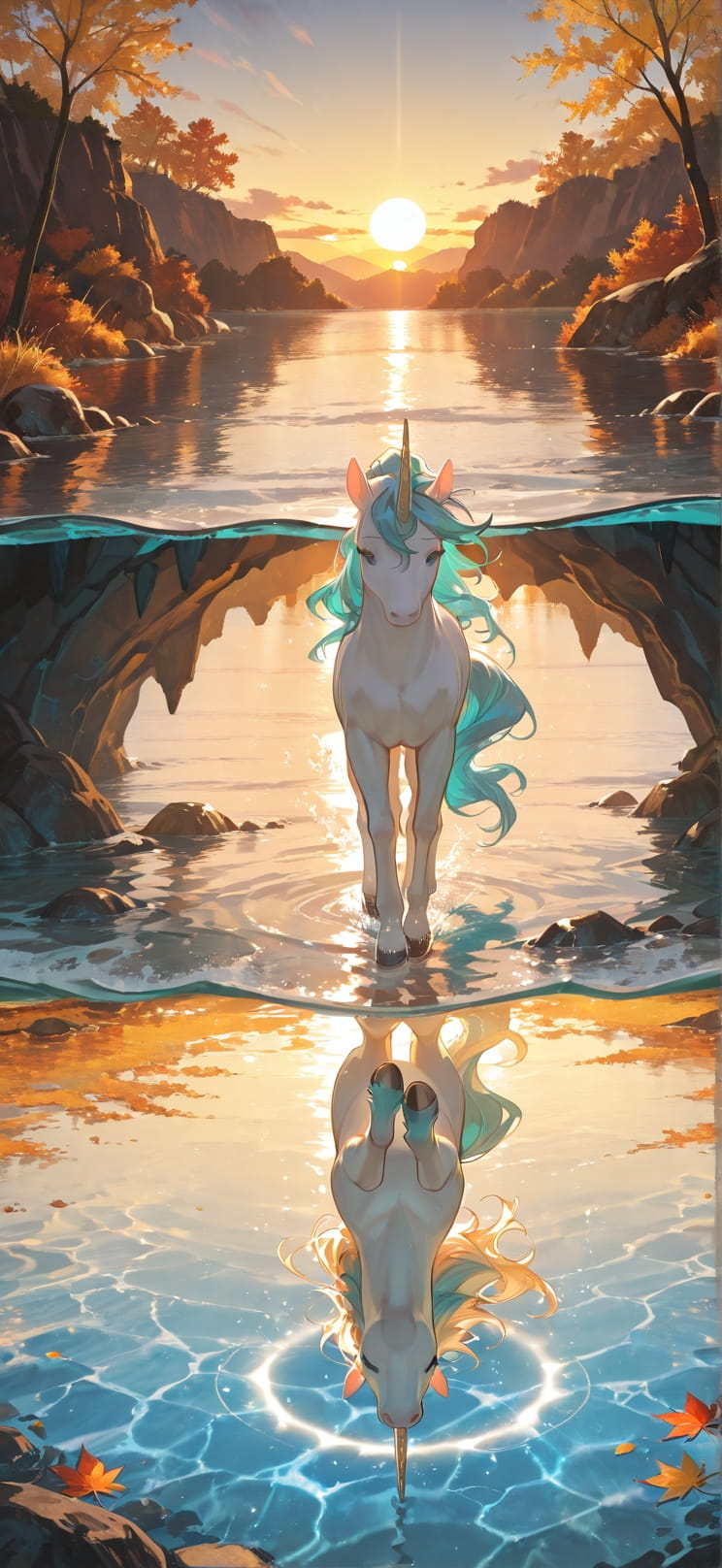 Lagoon Yellow Sunset Sky Autumn Animal mobile wallpaper / スマホ壁紙