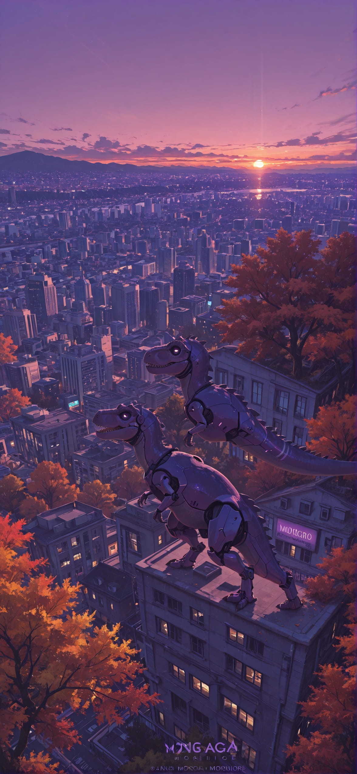 Localflavor Purple Sunset City Autumn Animal Machine mobile wallpaper / スマホ壁紙