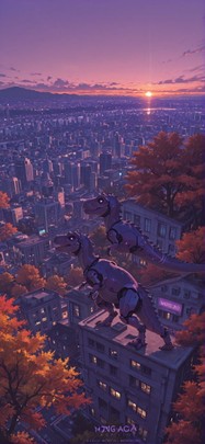 Localflavor Purple Sunset City Autumn Animal Machine mobile wallpaper / スマホ壁紙