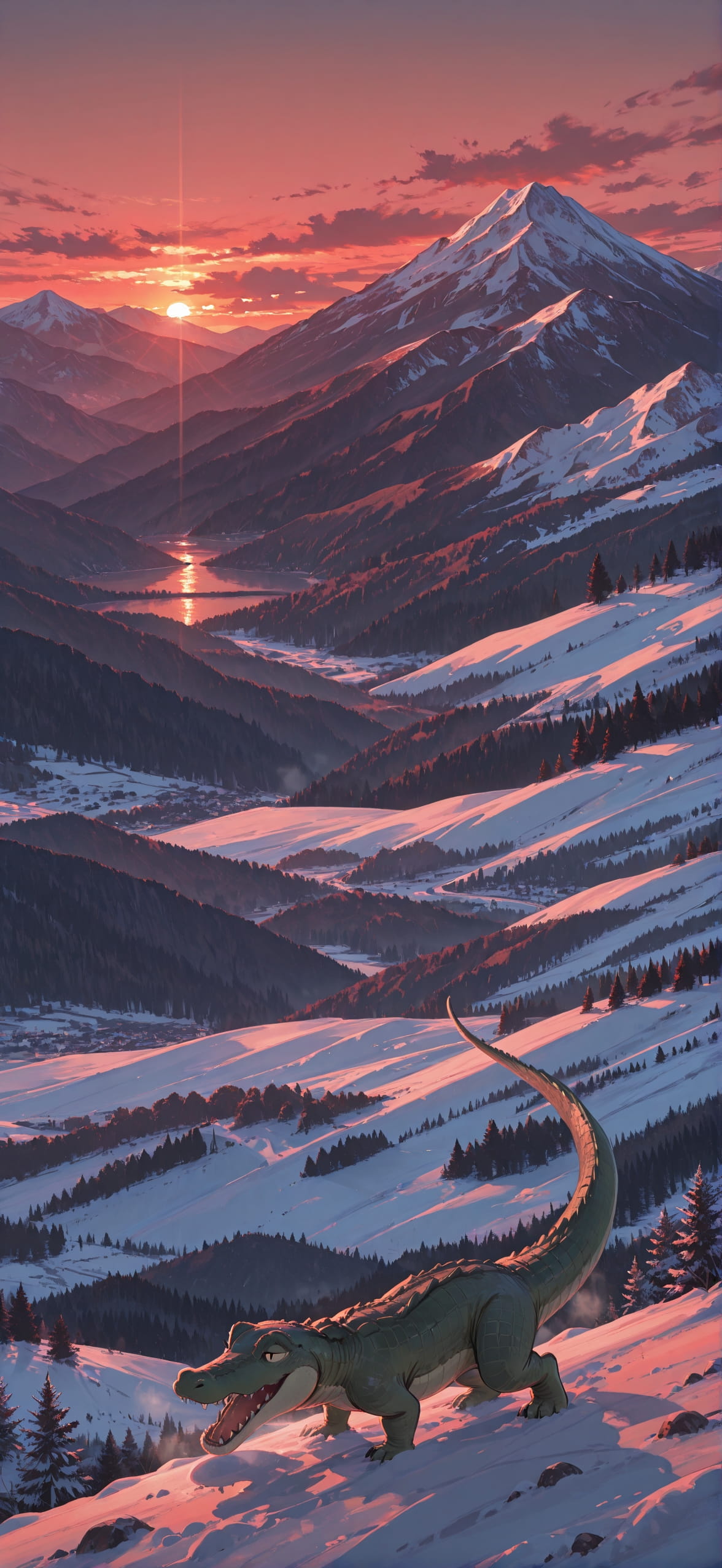 Localflavor Red Sunset Mountain Winter Animal mobile wallpaper / スマホ壁紙