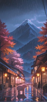 Monsoon Pink Night Mountain Autumn Animal mobile wallpaper / スマホ壁紙
